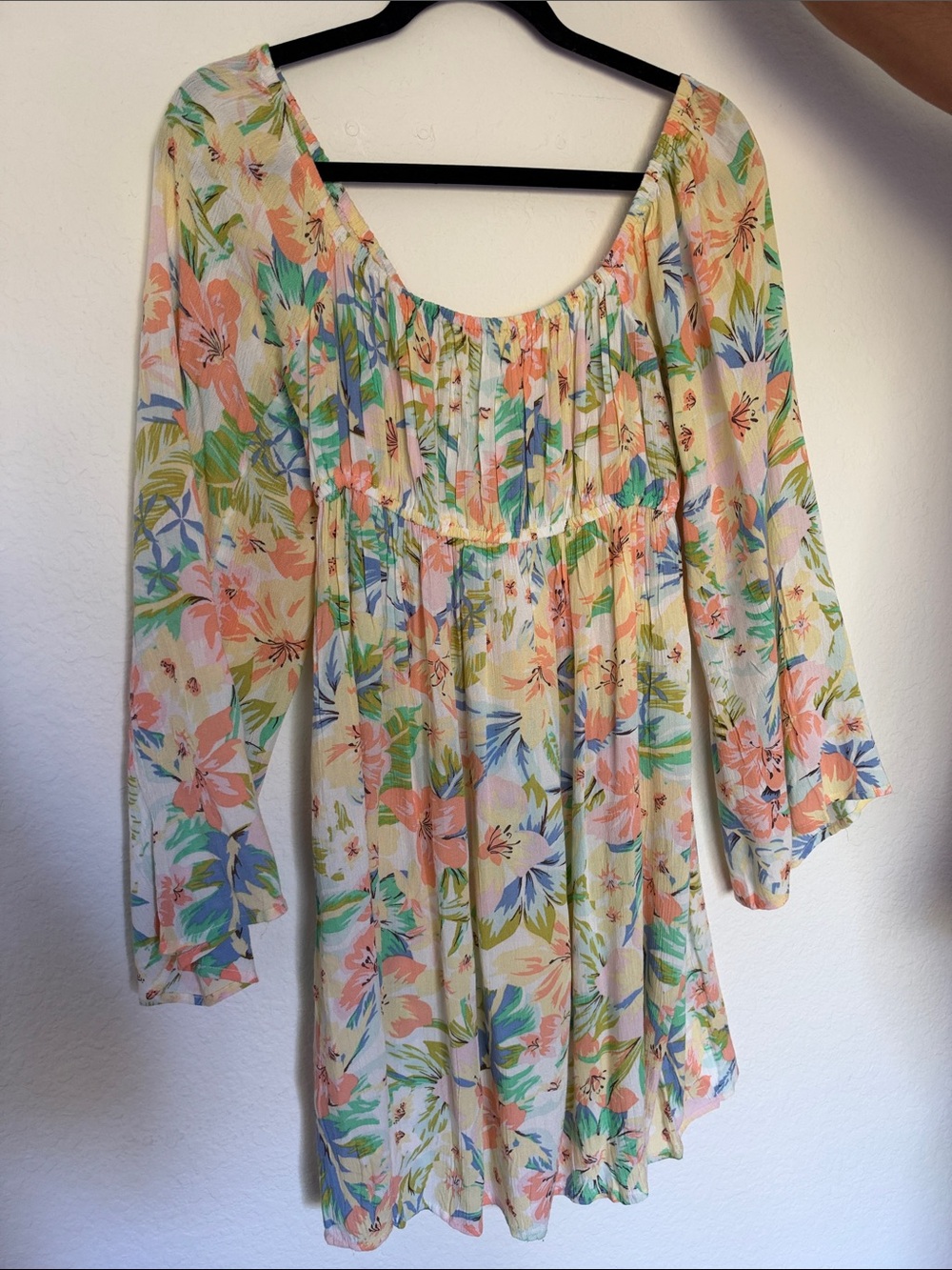 Billabong Floral Long Sleeve Peasant Dress - Peach, Green & Blue